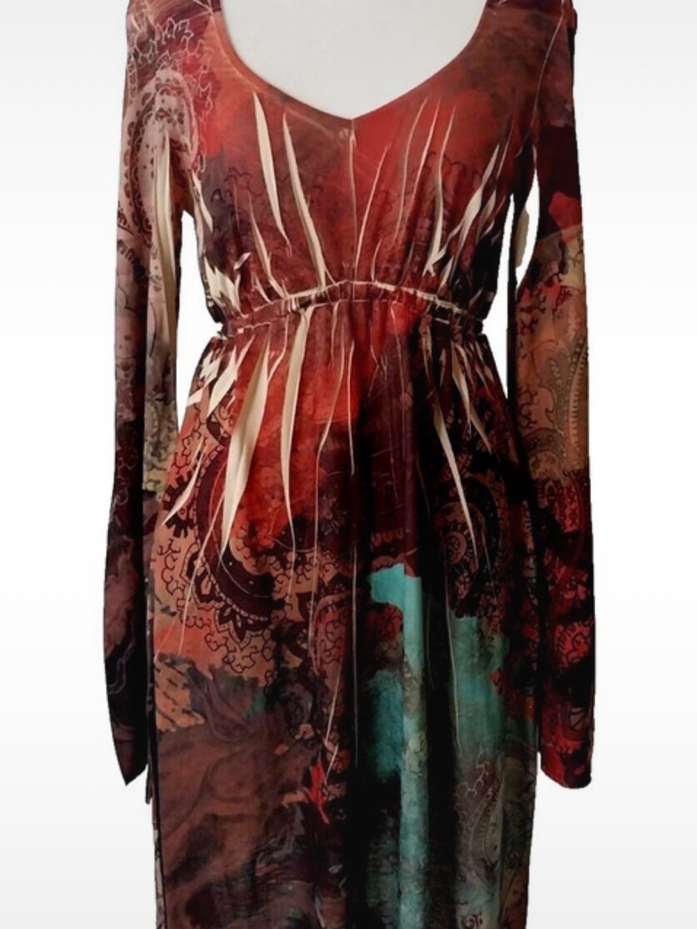 Wrangler Rock47 Y2K whimsigoth Bohemian Red & Teal Long Sleeve V-Neck Dress